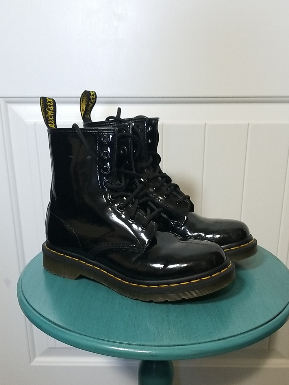 Dr. Martens Size 7 Black Patent Leather Lace-Up Boots with Yellow Stitching